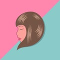 girl face cute style isolated on punchy pastel pink and light blue background.