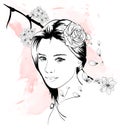 Girl face hand drawn fashion illustration. Female face. Beautiful woman with flowers in her hair