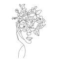 Girl face hands with flowers instead head. minnimalist oneline vector continious art