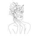 Girl face hands with flowers instead head. minnimalist oneline vector continious art Royalty Free Stock Photo