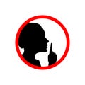 Girl face profile with hand, shhh forbidden icon on white, please keep quiet sign