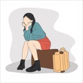 A girl without a face sits on a suitcase waiting for a trip. Vector illustration, concept of travel, recreation, waiting for