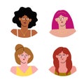 Girl faces set. Women icons for social networks. Different diversified avatars various people. Flat cartoony style, minimalism. Royalty Free Stock Photo