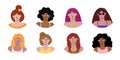 Girl faces set. Women icons for social networks. Different diversified avatars various people. Flat cartoony style, minimalism. Royalty Free Stock Photo
