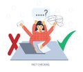 Girl fact-checking information. Multitasking woman. Myths and facts vector illustration. Fake news vs honest data source
