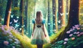 girl in fairy forest with butterflies and flowers Royalty Free Stock Photo