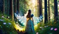 girl in fairy forest with butterflies and flowers Royalty Free Stock Photo