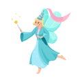 Girl Fairy Godmother with Wings and Magic Wand Flying as Good Fairytale Character Vector Illustration