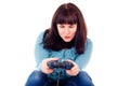 The girl fanatically plays in the video game Royalty Free Stock Photo