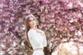 Girl in Fantasy Mystical and Magical Spring Garden. Fashion Model. Beauty Portrait Royalty Free Stock Photo