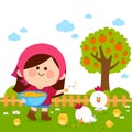 Girl at the farm feeding the chickens. Vector illustration Royalty Free Stock Photo