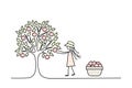 girl farmer gathering apples in basket, growing agricultural products, ripe apples ready for harvesting, doodle black