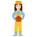 Girl farmer holding basket with apples, gathering harvest in cartoon style isolated on white background,rural lifestile Royalty Free Stock Photo