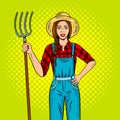Girl farmer with pitchfork pop art vector