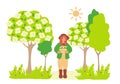 Girl farmer stand in the garden with box of tulipes Apple tree with flowers Vector flat illustration