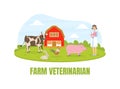 Girl Farmer Standing on Background of Summer Rural Landscape, Agriculture and Farming, Red Barn and Livestock Vector