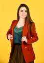 Girl fashion model harmoniously balanced outfit skirt and jacket, matching garments concept