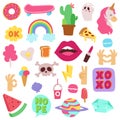 Girl fashion symbols vector stickers patches cute colorful badges fun cartoon icons pony, horn horse, lips, love and