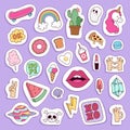 Girl fashion symbols vector stickers patches cute colorful badges fun cartoon icons pony, horn horse, lips, love and Royalty Free Stock Photo