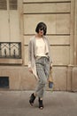 Girl in fashionable glasses with bag, france. Royalty Free Stock Photo