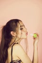 Girl with bubble blower on pink studio background Royalty Free Stock Photo