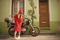 Girl in fashionable red dress, hat and glasses, france. Royalty Free Stock Photo