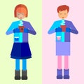 Girl. Fashionable girl in winter season. Cup of tea. Vector illustration