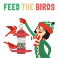 Girl feeding birds in wintertime flat color vector