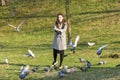 Girl feeds birds in sunny weather. Beautiful young woman feeding birds in the park at sunny fall day Royalty Free Stock Photo