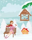 Girl feeds the birds in winter Royalty Free Stock Photo