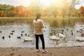 Girl feeds swans and ducks on the lake in the autumn park. Royalty Free Stock Photo