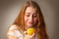 Girl feel sour after test lemon Royalty Free Stock Photo