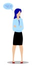 Girl, female stands in thought. Making difficult decisions, answering questions. Confusion in head. Vector on white background
