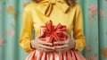 A girl in a festive bright dress holds a gift box in her hands, wrapping paper and ribbons shimmer with candy shades