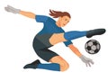 Girl figure of a woman\'s football goalkeeper in blue sports shirt and gloves jumping high kicking the ball with her foot Royalty Free Stock Photo