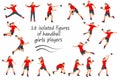 18 girl figures of women's handball players and goalkeepers in red uniforms standing in the goal, running, throwing the ball