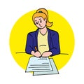 The girl fills out documents, work as a secretary or manager.