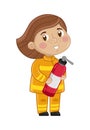 Girl in firefighter uniform with fire extinguisher