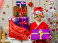 Girl with fireworks rolling in from the eyes rejoices bestowed gifts Royalty Free Stock Photo