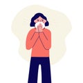 A girl with the first signs of the disease. Symptoms of a viral or cold illness. Vector flat character is sick