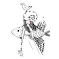 Girl, fish, seagulls, seaweed, starfish, ring. Royalty Free Stock Photo