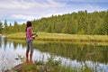 Girl fishing in lake Royalty Free Stock Photo