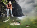 Girl fishing morning with lot of big fishes. Royalty Free Stock Photo