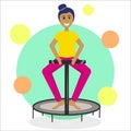 A girl on a fitness trampoline is isolated on a white background. Vector illustration in flat style. Jumping sports for a slim