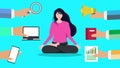 Girl flat character 4K animation in yoga position and men hands moving. Girl doing yoga and promoters trying to advertise her