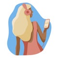 Girl flat character listens music in headphones from phone, woman with phone in hand. Blonde lady enjoy sound audiobook or
