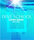 Girl in flippers and dolphin in a sea water . Diving school banner.