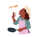 Girl flipping pancake in pan, funny woman in chef apron and hat frying, tossing hot crepe