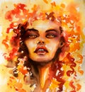 Girl with floral curly hair depicted fire element