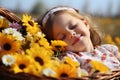 Girl with flower basket in meadow. Restful moment surrounded by blooming flowers. Allergy concept.